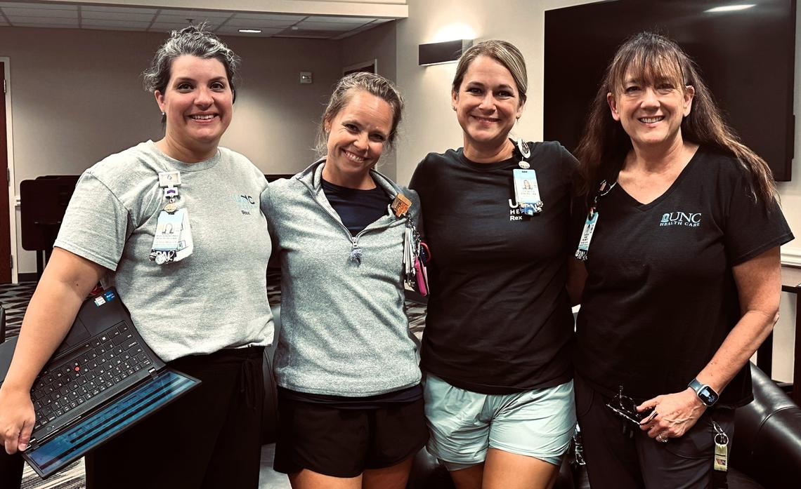 Megan McCormick, second from right, drove up with a group of nurses to Morganton, N.C., to help out in UNC Health Blue Ridge’s emergency department. McCormick is the clinical leader of UNC Health Rex’s emergency department.