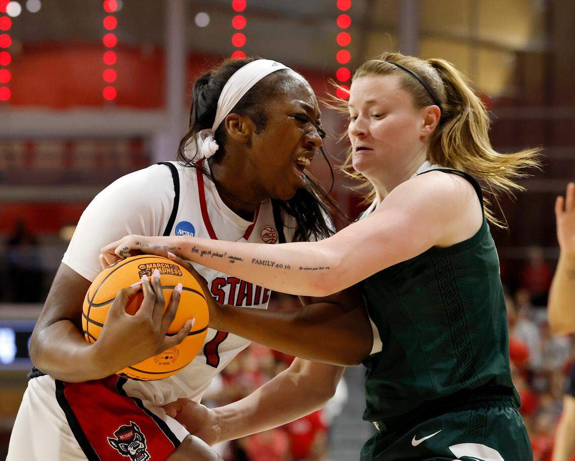 Michigan State’s Julia Ayrault pressures N.C. State’s Lorena Awou during the first half of the Wolfpack’s second round NCAA Tournament game on Monday, March 24, 2025, at Reynolds Coliseum in Raleigh, N.C.
