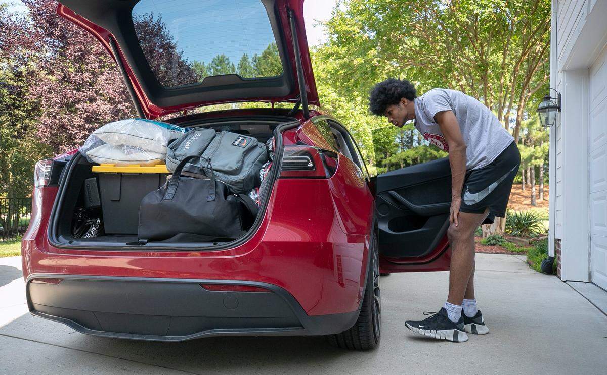 Jarin Stevenson packs his car for the trip to Tuscaloosa, Ala., on Wednesday, June 28, 2023 at his home in Chapel Hill, N.C. One week ago Stevenson, one of the top high school basketball players in North Carolina announced he was reclassifying and committed to play for the University of Alabama.
