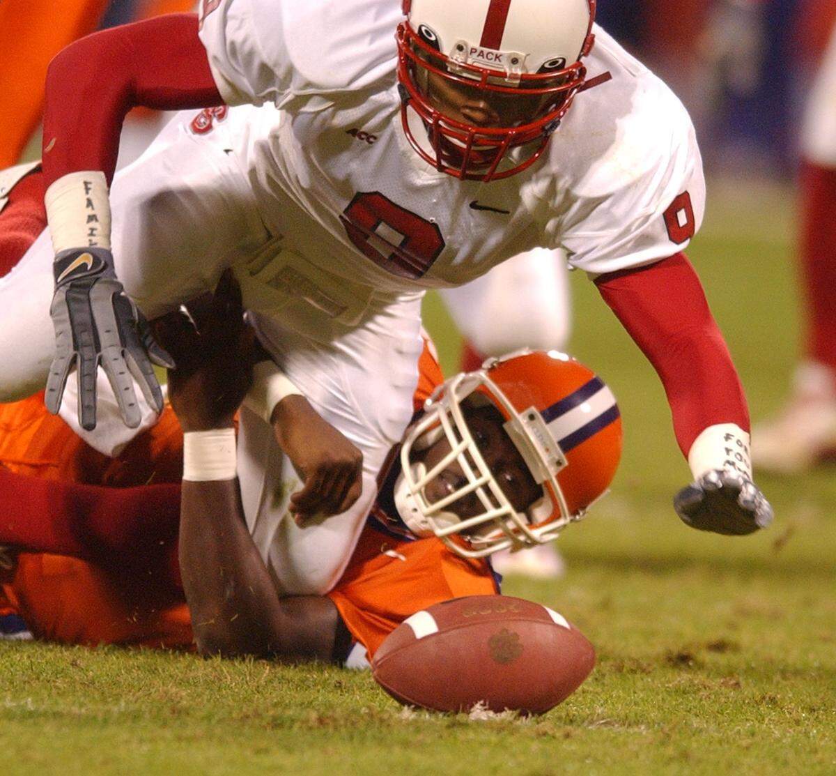 Terrence Holt, photographed in 2002, played for NC State and made his own name on defense. He was an All-ACC selection as a junior in 2001 and again as a senior in 2002. The Lions took Terrence in the fifth round of the 2003 draft, and he spent six years in the NFL.