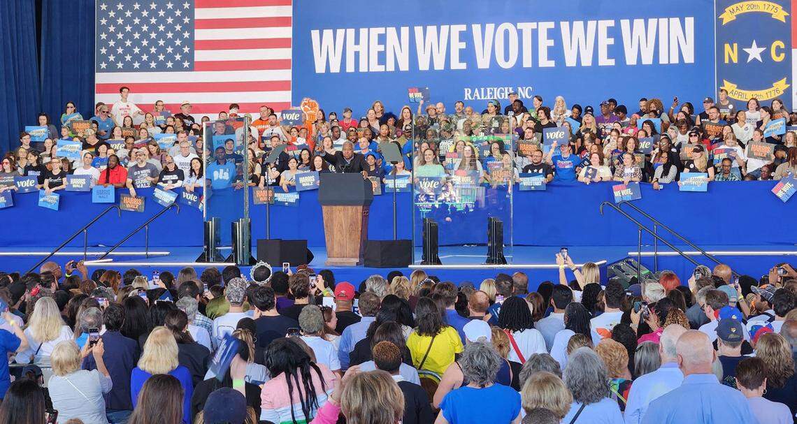 Senate Democratic leader Dan Blue speaks to the crowd at Coastal Credit Union Music Park at Walnut Creek in Raleigh where Vice President Kamala Harris is expected to speak at 12:30 p.m. Wednesday, Oct. 30, 2024. Blue said growing up he learned the “promise of America meant opportunity.”