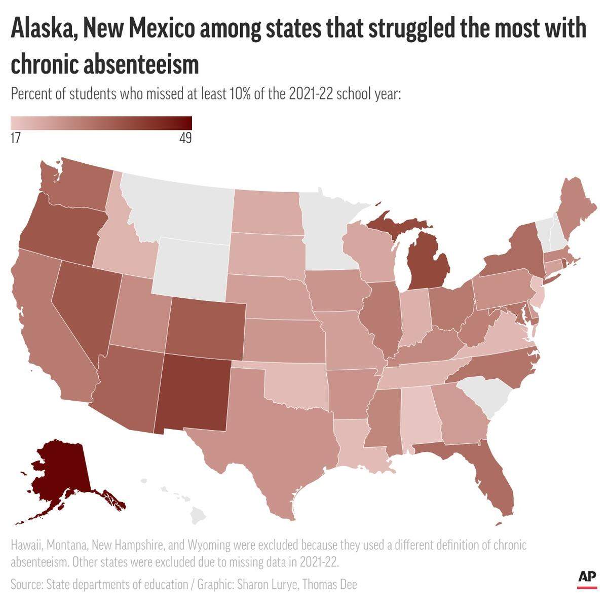 Map showing state-by-state rates of chronically absent students in the 2021-22 school year.