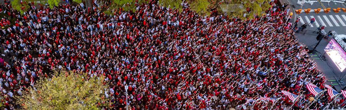 NC State fans watch the Wolfpack play Purdue in the Final Four during a watch party on Hillsborough Street in Raleigh on Saturday, April 6, 2024. Purdue won 63-50.