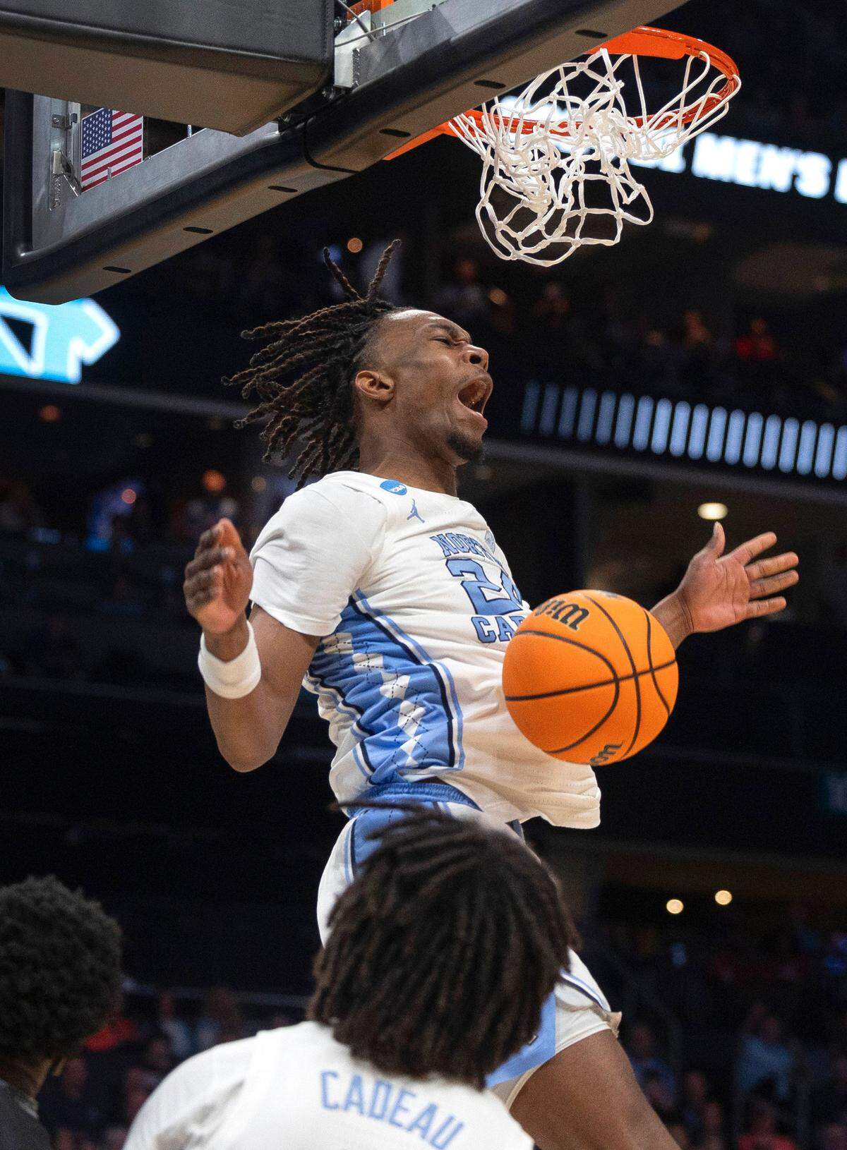 North Carolina’s Jae’Lyn Withers (24) reacts after a dunk on as fast break in the second half against Wagner on Thursday, March 21, 2024 during the NCAA Tournament at Spectrum Center in Charlotte, N.C. Withers scored 16 points in the Tar Heels’ victory.