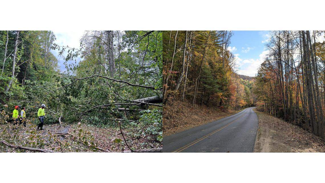 A section of the Blue Ridge Parkway near Asheville after the remnants of Hurricane Helene hit on Sept. 27, left, and in November after cleanup.