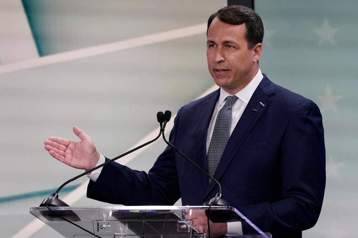 Democratic U.S. Senate candidate Cal Cunningham participates in a televised debate with U.S. Sen. Thom Tillis, not shown, at WNCN-TV in Raleigh, N.C., Tuesday, Sept. 22, 2020.