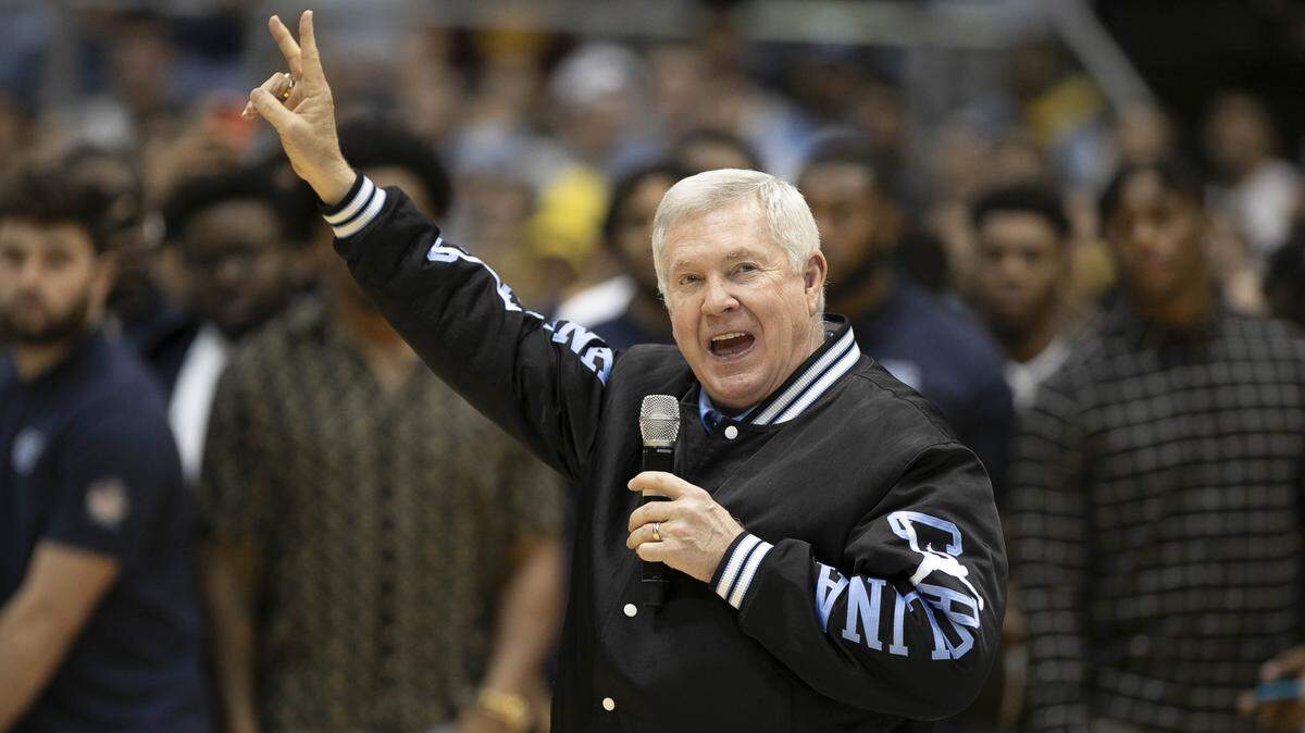 North Carolina coach Mack Brown addresses the Smith Center crowd during the Miami basketball game on Saturday, January 25, 2020 at the Smith Center in Chapel Hill, N.C.
