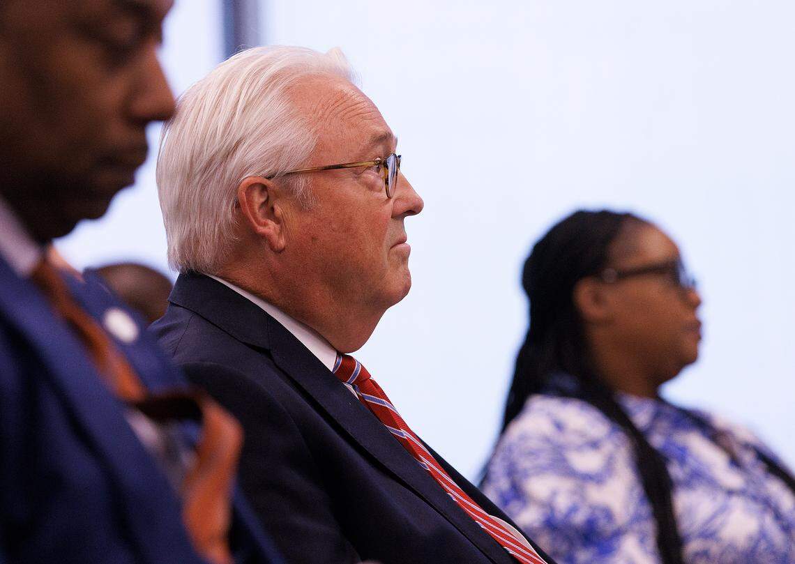 N.C. State Chancellor Randy Woodson listens during a meeting of the UNC System Board of Governors on Thursday, May 23, 2024, in Raleigh, N.C.