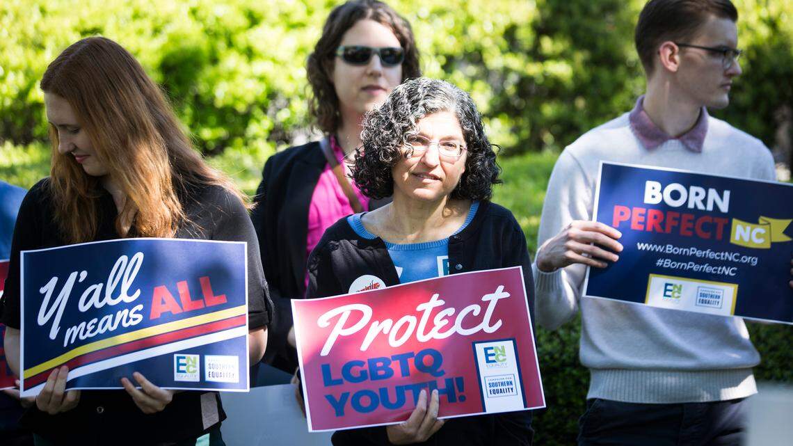 In this April 2019 photo, supporters of three new bills meant to expand protections for LGBTQ+ citizens stand outside the N.C. General Assembly for a press conference.