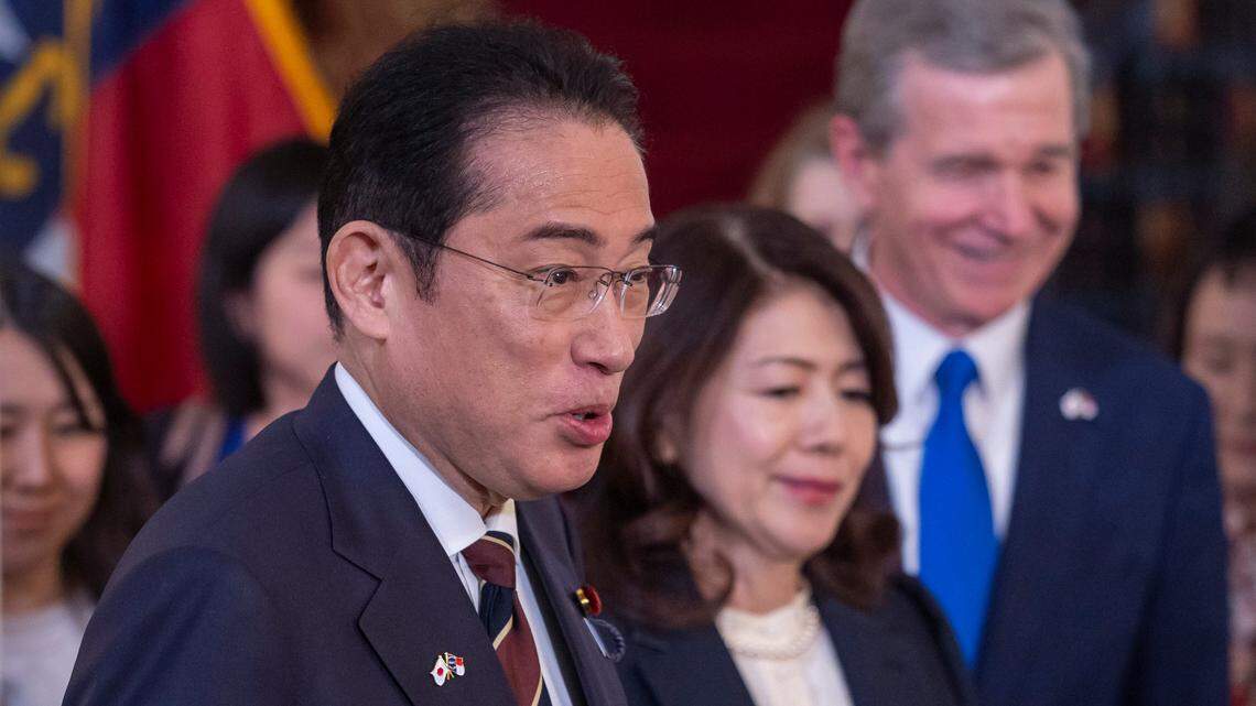Japanese Prime Minister Fumio Kishida and First Lady Yuko Kishida arrive with North Carolina Governor Roy Copper for a luncheon in his honor on Friday, April 12, 2024 at the Executive Mansion in Raleigh, N.C.