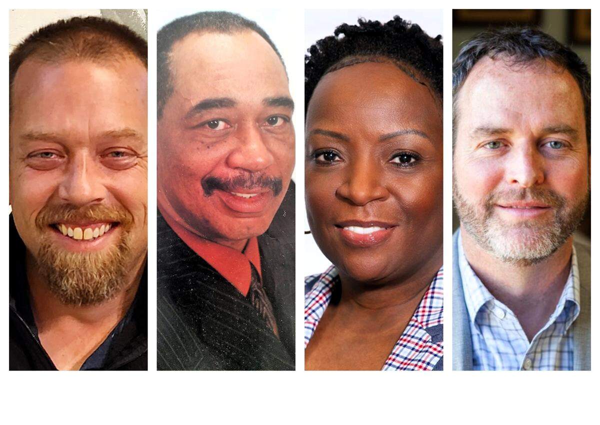 Adam Beeman (from left) and Horace Johnson Jr. are running in the 2024 Democratic primary against Orange County District 2 Commissioner Phyllis Portie-Ascott (second from right). The winner will face Republican H. Nathan Robinson (at right) in November.