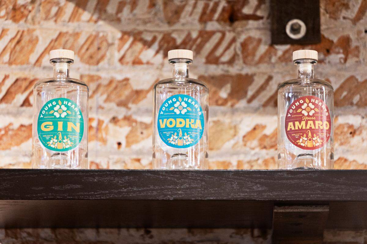 Young Hearts Distilling Company will combine a bar and food program in addition to distilling four spirits to start in the former Busy Bee space in downtown Raleigh. These bottles are prototypes for the spirits that will be offered.