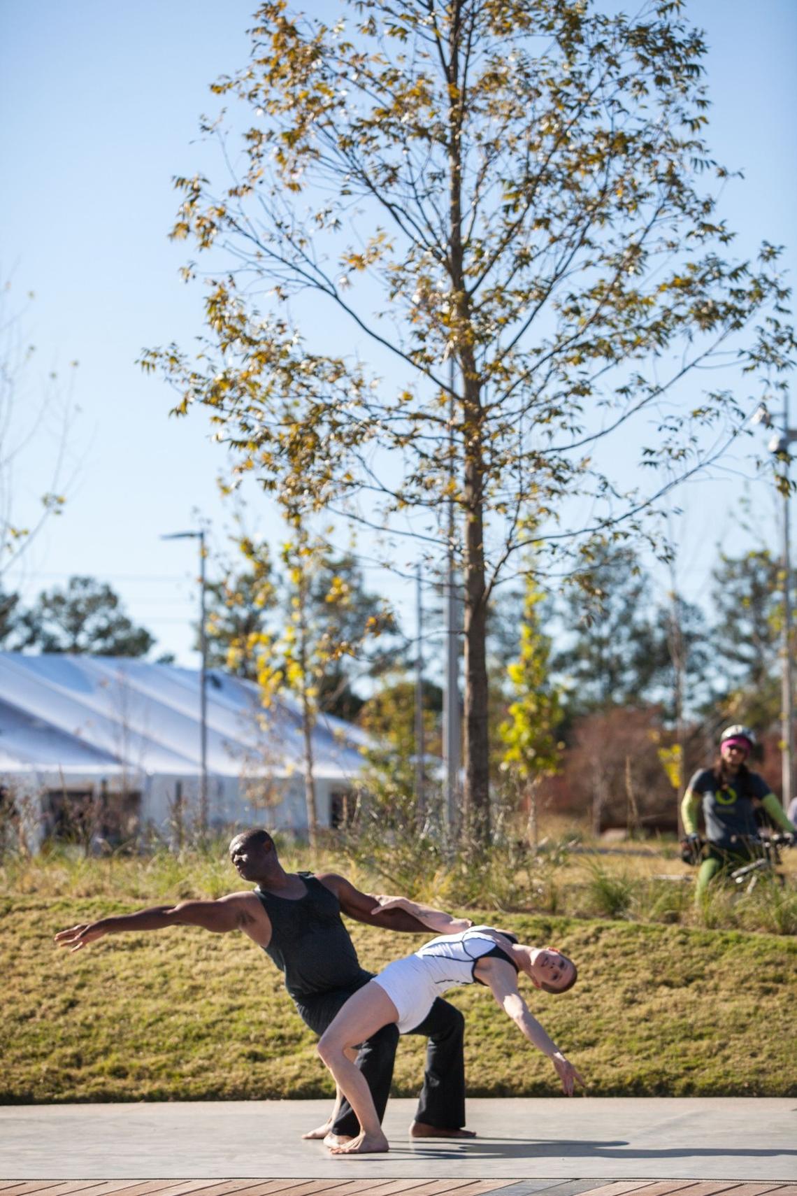 Modern dancers Gaspard Louis and Justin Tornow perform during a Museum Park Celebration at the North Carolina Museum of Art in Raleigh, N.C. Nov. 6, 2016. Louis runs his own dance company, Gaspard & Dancers, in Durham.