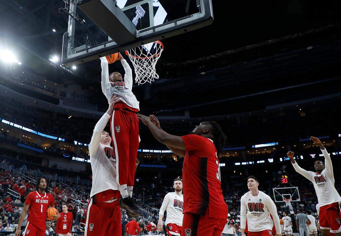 N.C. State’s KJ Keatts dunks prior to the Wolfpack’s first round NCAA Tournament game against Texas Tech on Thursday, March 21, 2024, at PPG Paints Arena in Pittsburgh, Pa.