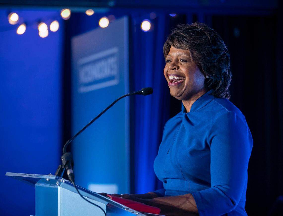 Democratic U.S. Senate candidate Cheri Beasley on May 17, 2022, in Raleigh, delivers her acceptance speech. She won her Democratic primary for the U.S. Senate race and will face Republican nominee U.S. Rep. Ted Budd in the general election.