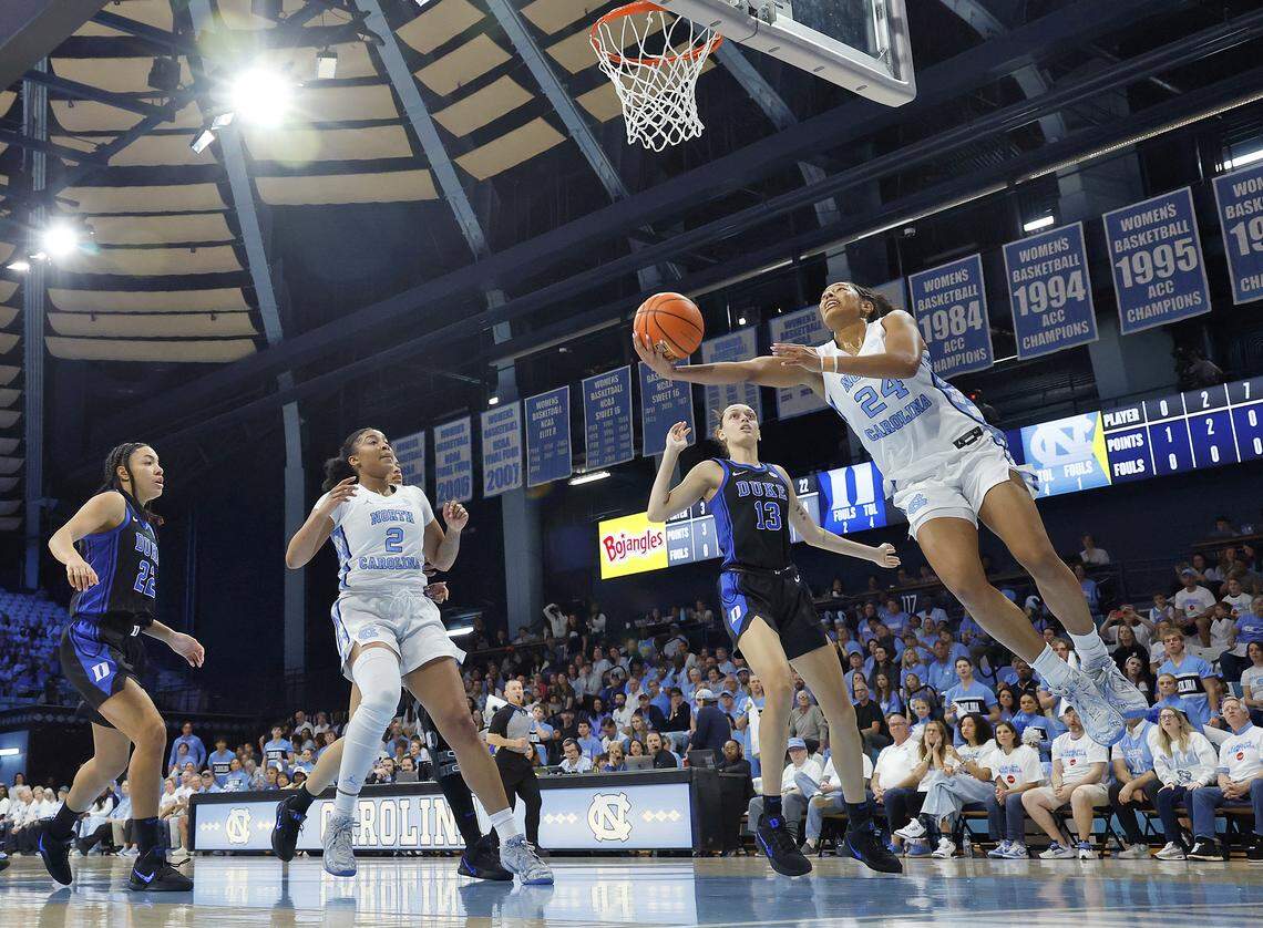 North Carolina’s Indya Nivar drives to the basket during the first half of the Tar Heels’ 74-69 win over Duke on Sunday, March 1, 2026, at Carmichael Arena in Chapel Hill, N.C. 