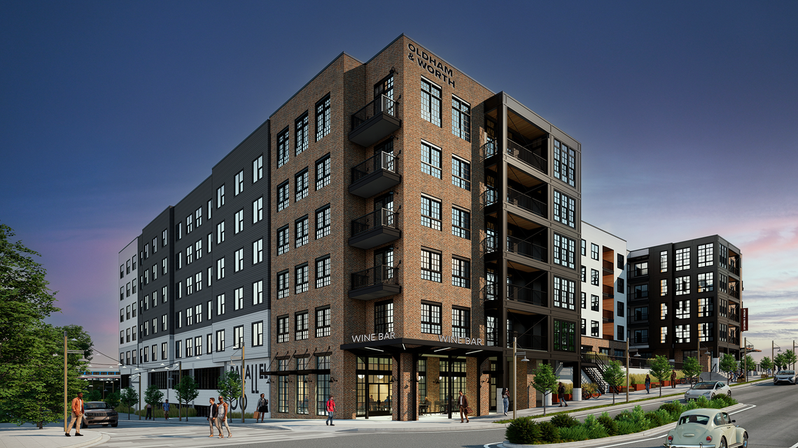 A rendering of Oldham & Worth, a five-story upscale apartment building at the corner of West Cabarrus and South West streets.