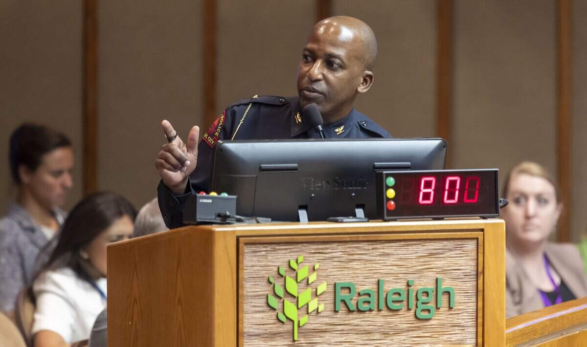 Raleigh Police Chief Rico Boyce acknowledges Glenwood South business owners, as he addresses the Raleigh City Council on the violent events of July 4, during their meeting on Tuesday, July 7, 2026 in Raleigh, N.C.