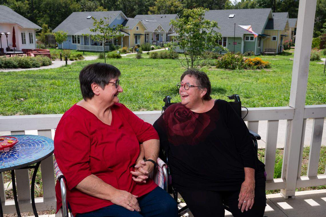 Patricia McAulay, left, and Margaret Roesch, who are married, helped develop Village Hearth in Durham. They wanted a cohousing neighborhood that would help LGBTQ+ identifying people over 55 feel safe and connect with others like them.