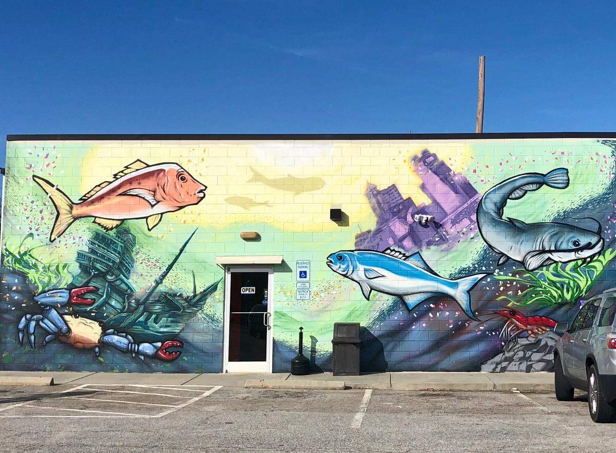A mural on the outside of the Earp’s Seafood store in southern Raleigh.