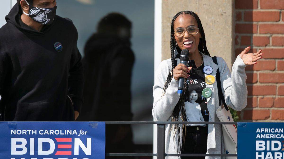 Actress Kerry Washington and her husband Nnamdi Asomugha stump for Democratic Presidential candidate Joe Biden during a campaign stop on Saturday, October 17, 2020 in Durham, N.C.
