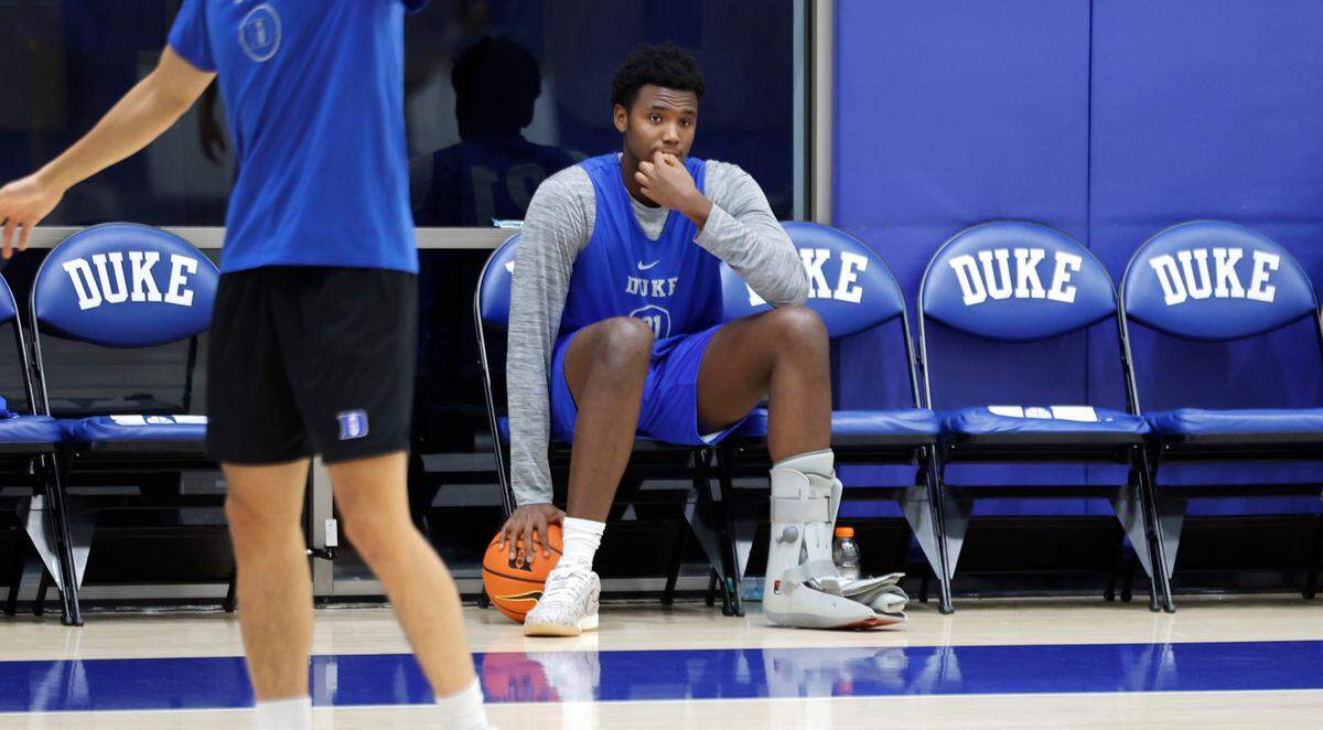 Duke’s Patrick Ngongba II (21) watches practice in Durham, N.C., Friday, Sept. 27, 2024.
