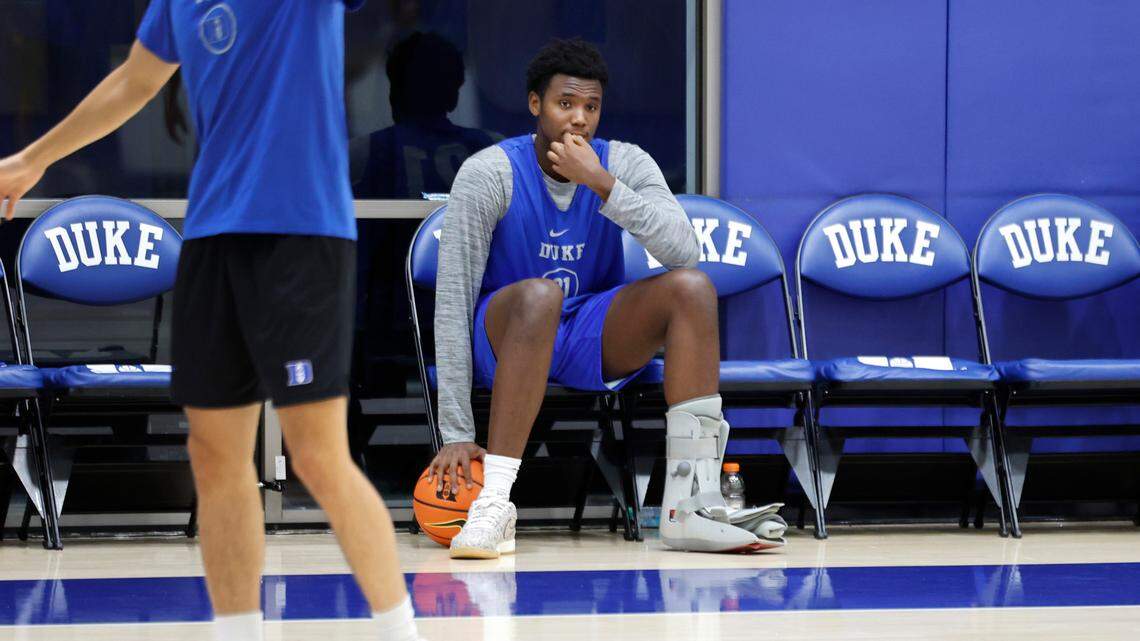 Duke’s Patrick Ngongba II (21) watches practice in Durham, N.C., Friday, Sept. 27, 2024.