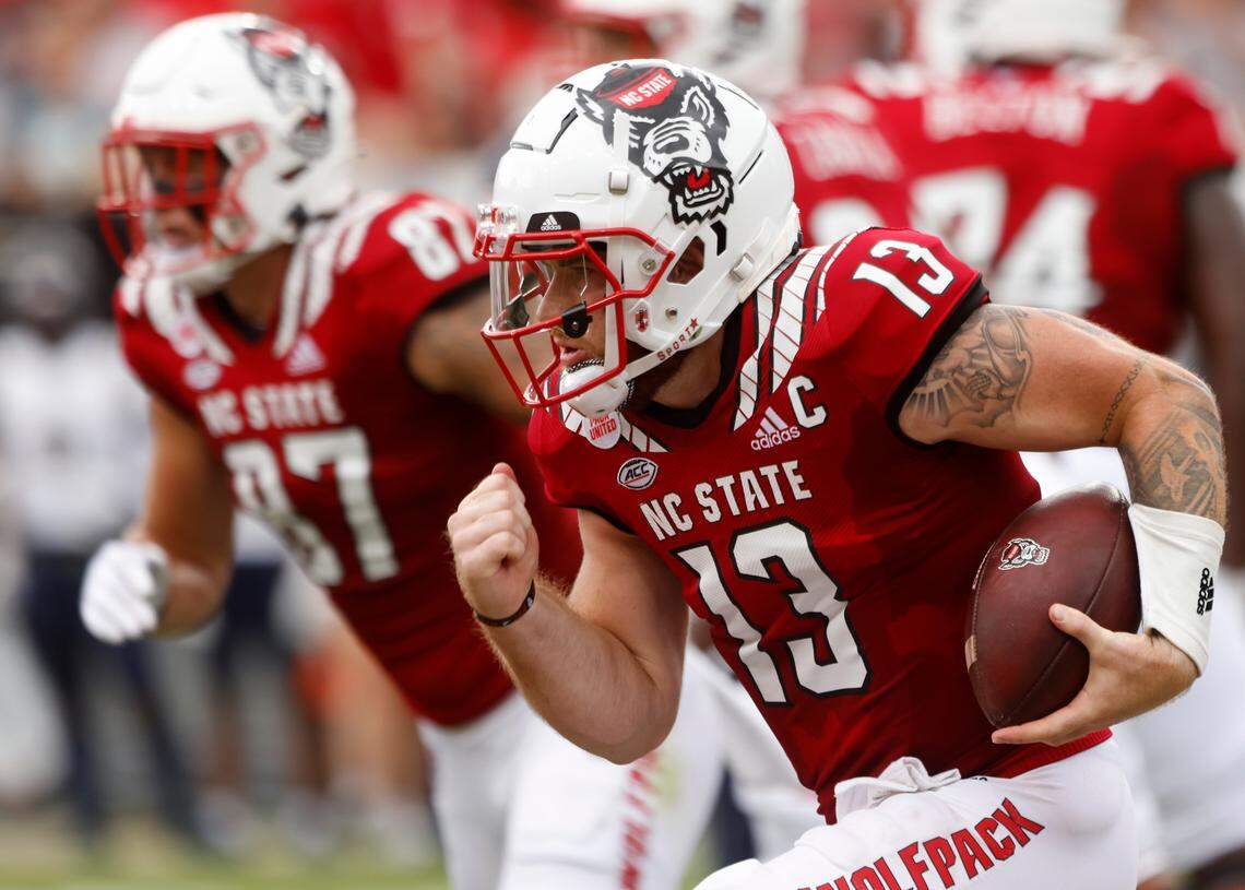 N.C. State quarterback Devin Leary runs the ball during the first half of the Wolfpack’s game against Charleston Southern on Saturday, Sept. 10, 2022, at Carter-Finley Stadium in Raleigh, N.C.