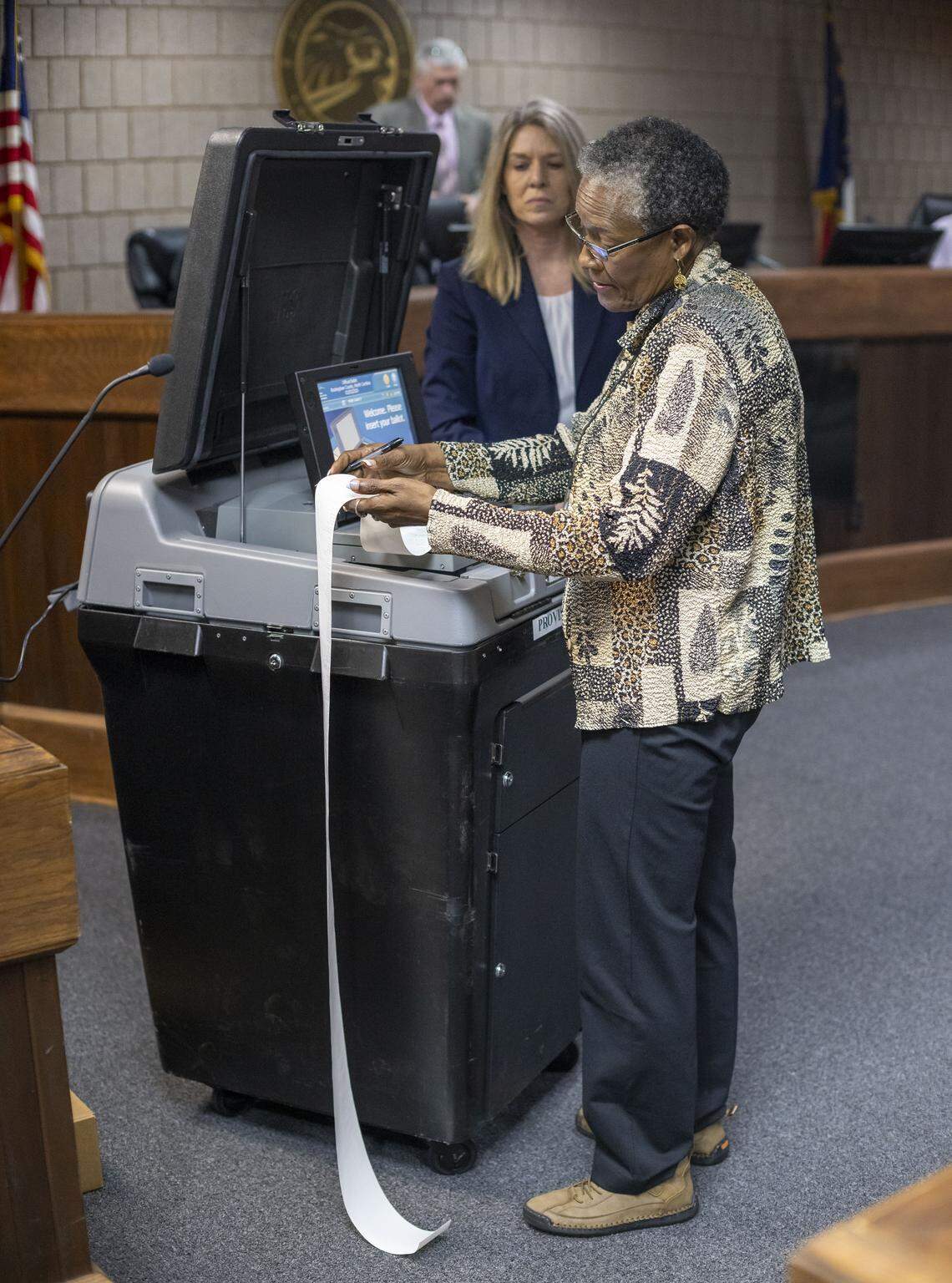 Rockingham County Board of Elections member Ophelia Wright  certifies that the provisional ballot counting machine is set to zero, prior to counting the ballots in the Republican primary race between North Carolina Senate President Pro Tempore Phil Berger and challenger Rockingham County Sheriff Sam Page on Friday, March 6, 2026 in Reidsville, N.C.