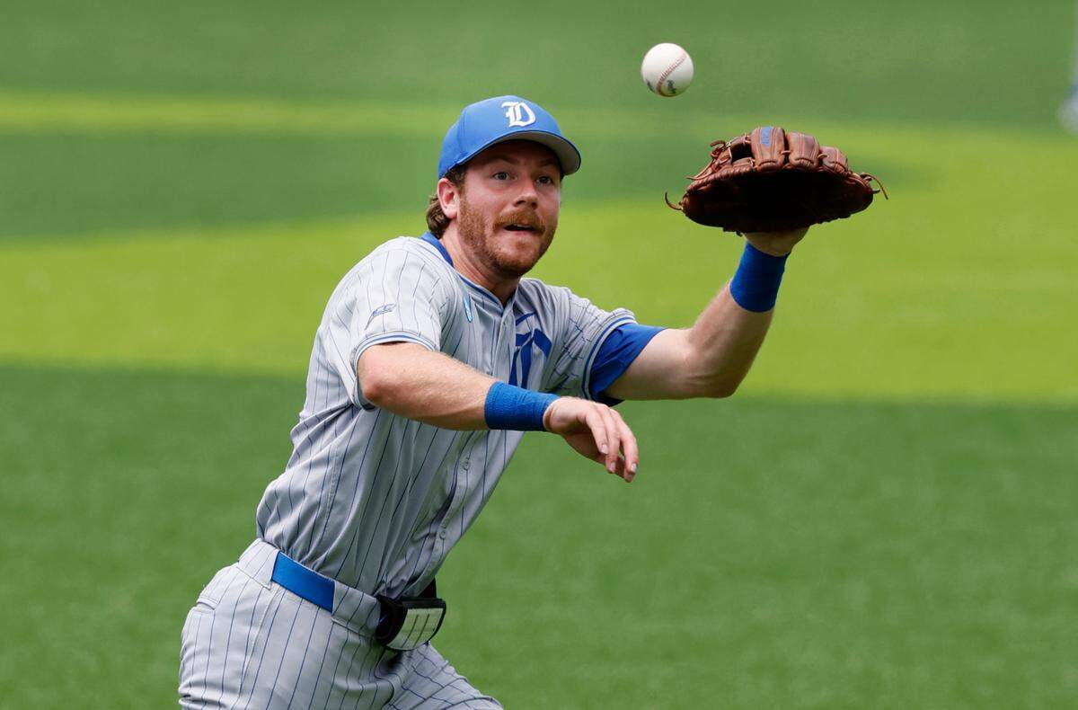 Duke’s Jake Berger (23) pulls in a ground ball in the fourth inning during Duke’s game against Murray St. in the second game of Durham Super Regional at Jack Coombs Field in Durham, N.C., Sunday, June 8, 2025.