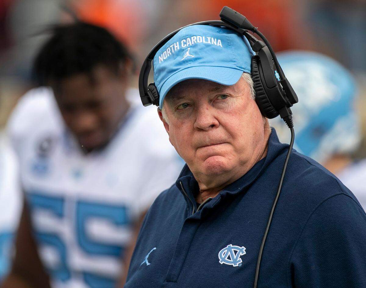North Carolina coach Mack Brown watches his team as they prepare for kickoff against Virginia on Saturday, November 5, 2022 at Scott Stadium in Charlottesville, Va.