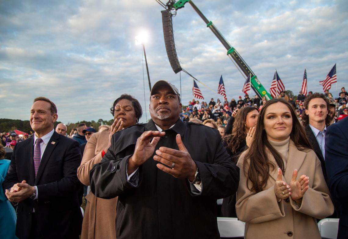 Lt’ Gov. Mark Robinson cheers during a rally with former President Donald Trump in Selma Saturday, April 9, 2022.