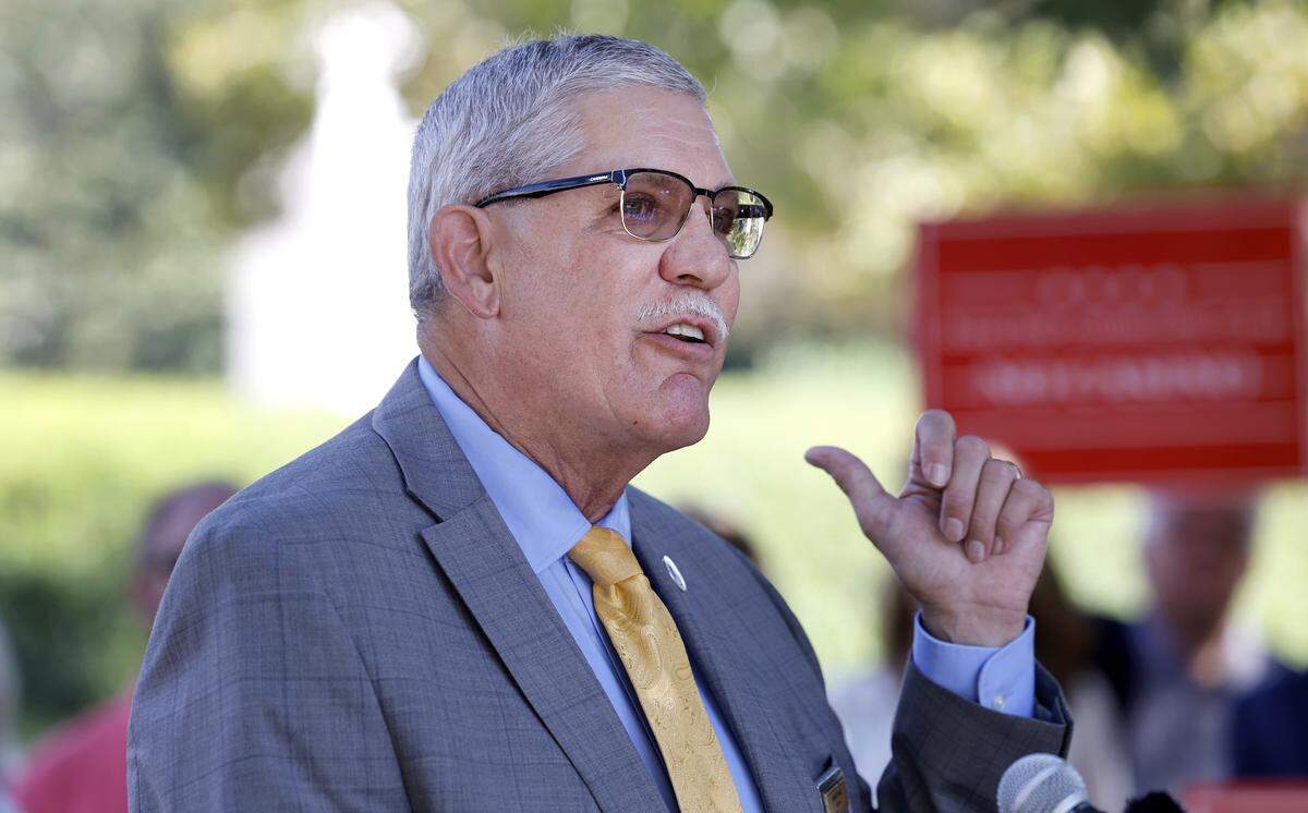 Rockingham County Sheriff Sam Page speaks during a press conference outside the N.C. Legislative Building on Sept. 5, 2023, opposing a plan for new casinos.