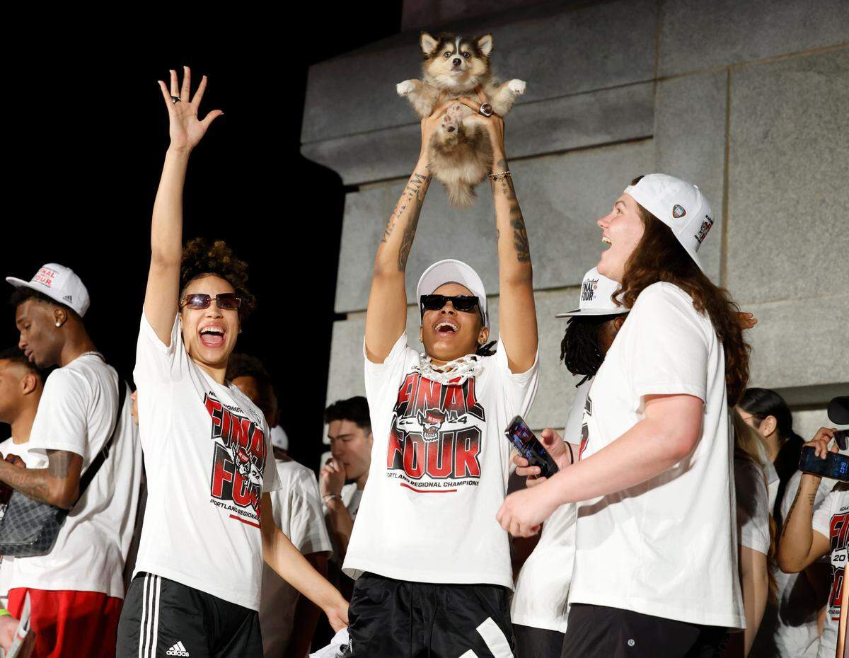 N.C. State’s Aziaha James, center, along with River Baldwin, right, and Madison Hayes celebrate after a ceremony for the N.C. State men’s and women’s basketball team at the Memorial Belltower in Raleigh, N.C., Monday, April 15, 2024. Both teams made it to the NCAA Tournament Final Four, the first time both teams made it in the same year.