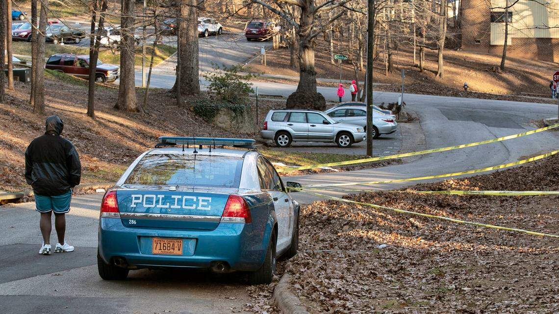 Crime scene tape along Teakwood Drive on Thursday, January 10, 2019 in Raleigh, N.C. marks the area where Raleigh Police officer C.D. Ainsworth was shot on Wednesday night west of downtown Raleigh.