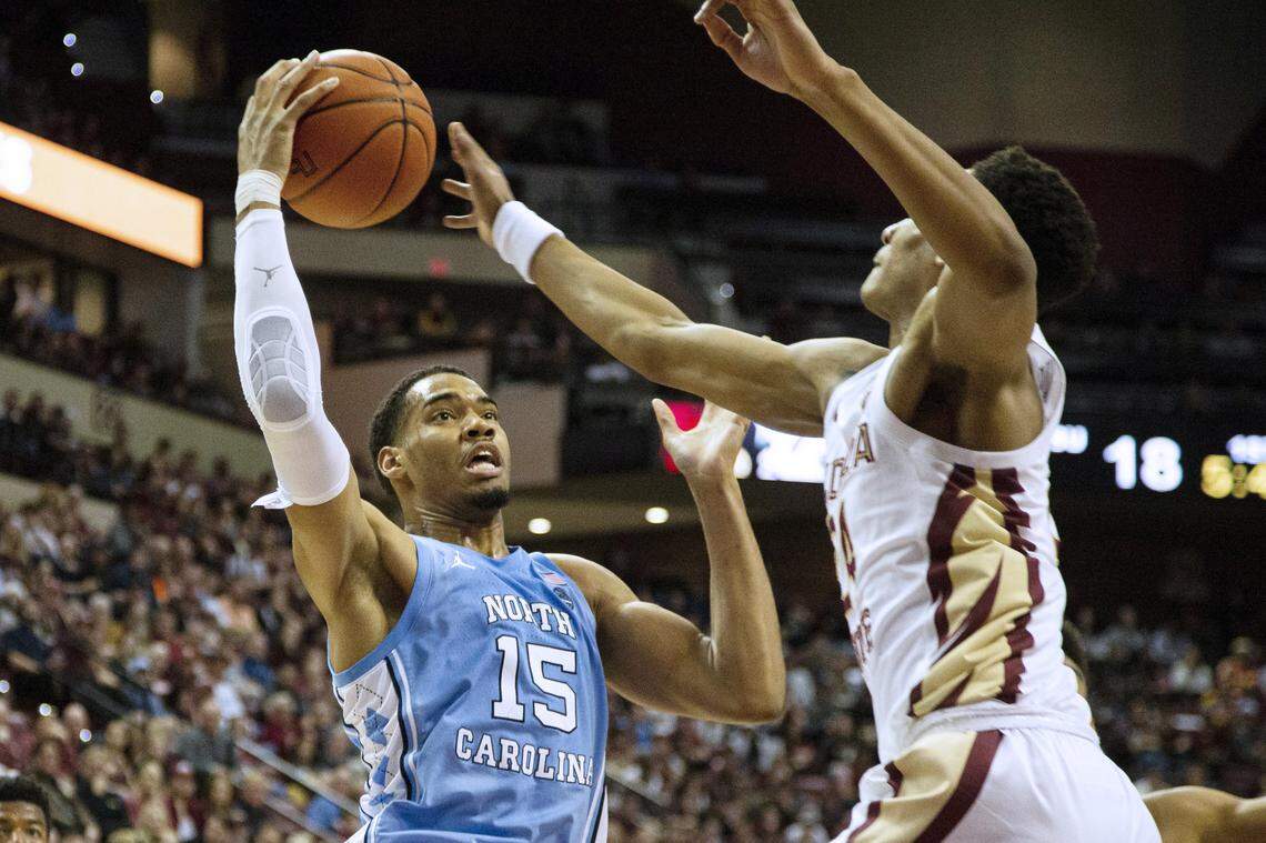 North Carolina forward Garrison Brooks (15) takes a shot against Florida State in the first half of an NCAA college basketball game in Tallahassee, Fla., Monday, Feb. 3, 2020. (AP Photo/Mark Wallheiser)
