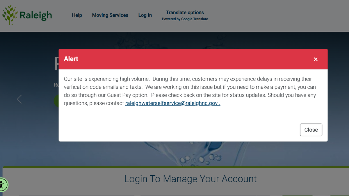 An alert warns Raleigh Water customers they may have trouble registering for the city’s new online payment portal on Nov. 14, 2025.