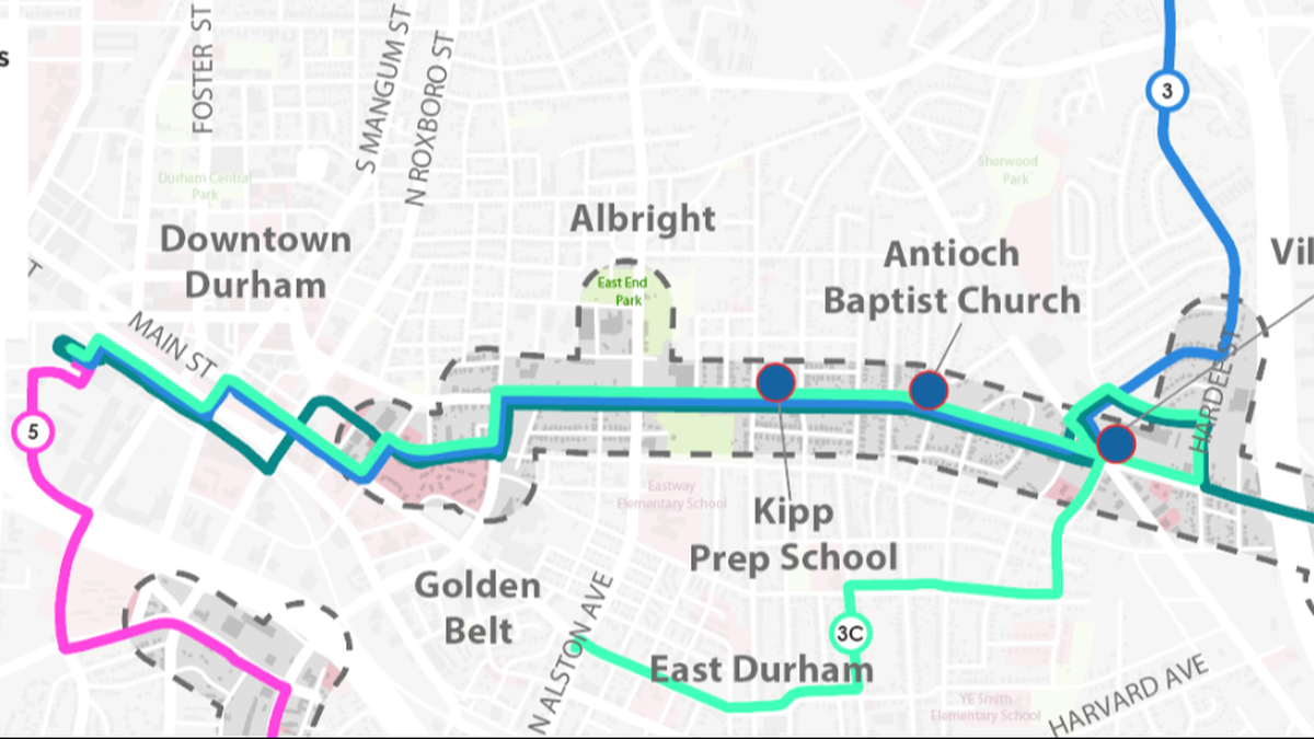 The map shows GoDurham Transit’s Routes 3, 3B, 3C, and 5. The routes encompass Downtown Durham, Kipp Prep School, Antioch Baptist Church, the Village Transit Center, and Food Lion.