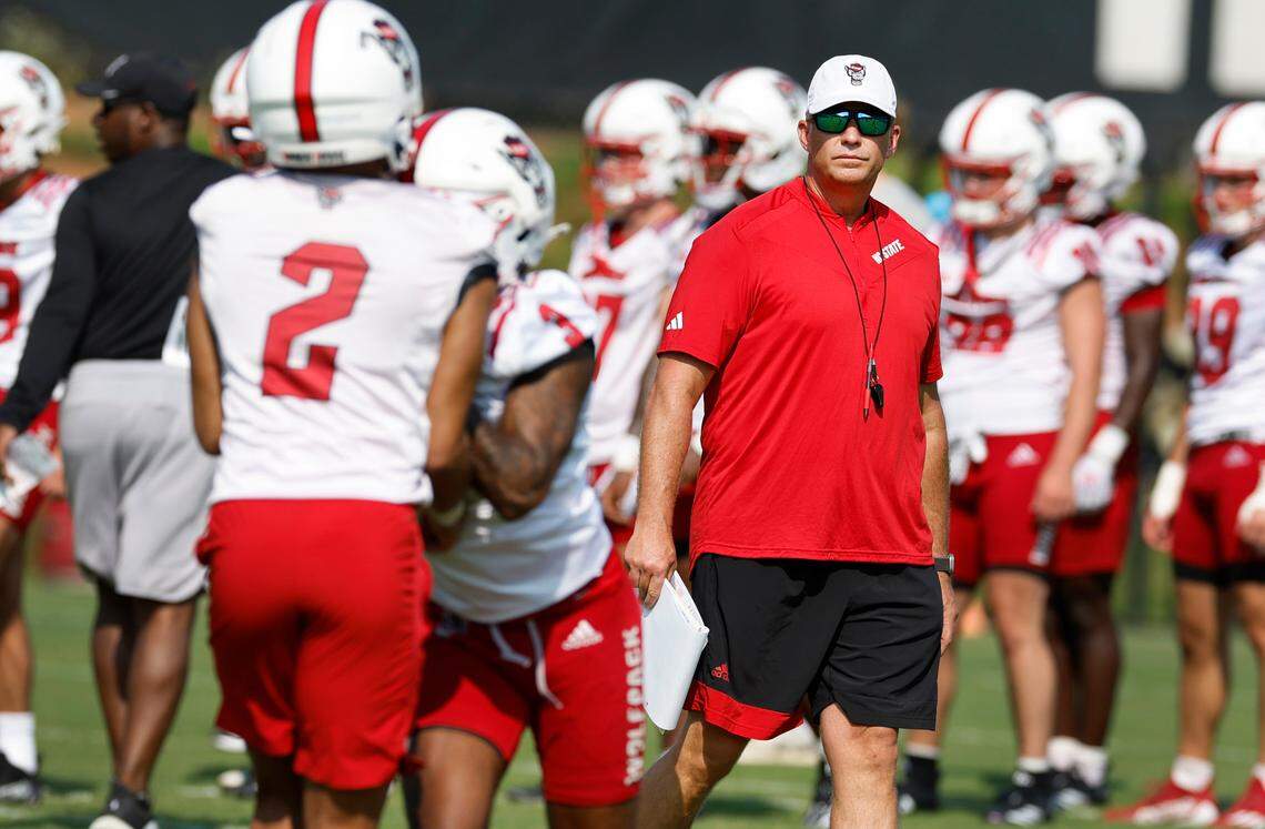 N.C. State head coach Dave Doeren watches the Wolfpack’s first practice in Raleigh, N.C., Wednesday, July 31, 2024.