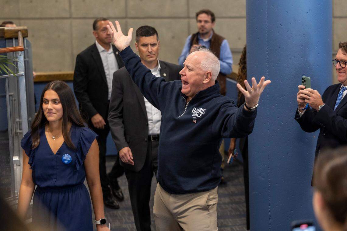 Minnesota Gov. Tim Walz, the Democratic vice presidential candidate, is introduced during a campaign event at Duke University on Thursday, Oct. 24, 2024 as Election Day draws near.