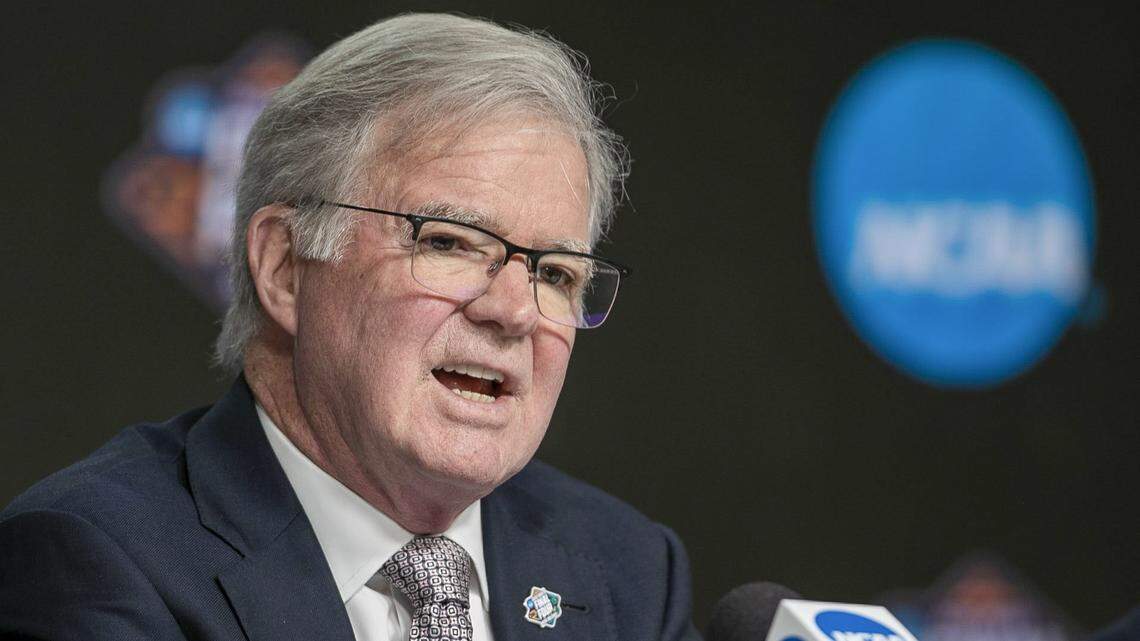 NCAA President Mark Emmert speaks during a press conference ahead of the NCAA Final on Thursday, March 31, 2022 at Caesars Superdome in New Orleans, La.