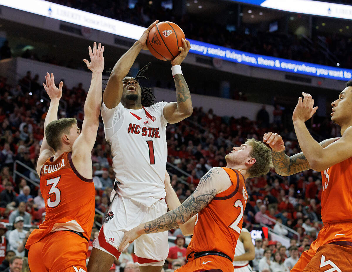 N.C. State’s Jayden Taylor drives to the basket during the second half of the Wolfpack’s 84-78 loss to Virginia Tech on Saturday, Jan. 20, 2024, at PNC Arena in Raleigh, N.C.