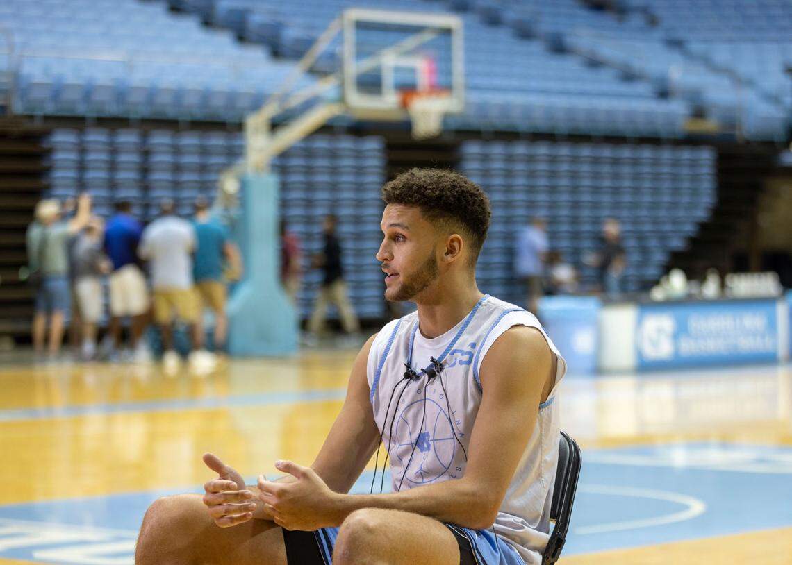 Pete Nance talks with the media about transferring to North Carolina from Northwestern, during a media availability on Monday, July 18, 2022 at the Smith Center in Chapel Hill, N.C.