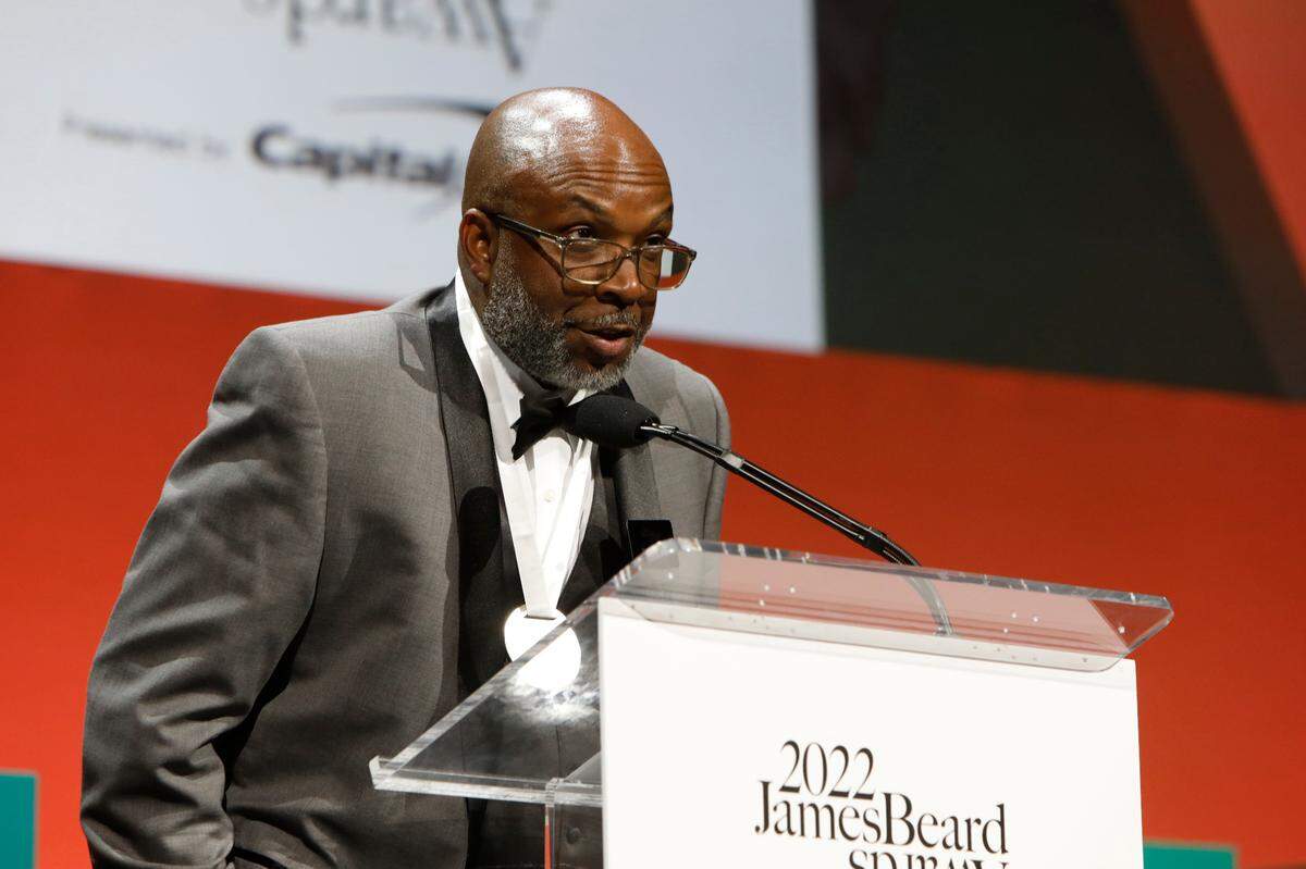 Durham, NC chef Ricky Moore of Saltbox Seafood Joint accepts his award for Best Chef: Southeast during the 2022 James Beard Restaurant and Chef Awards at Lyric Opera of Chicago on June 13, 2022 in Chicago, Illinois. 