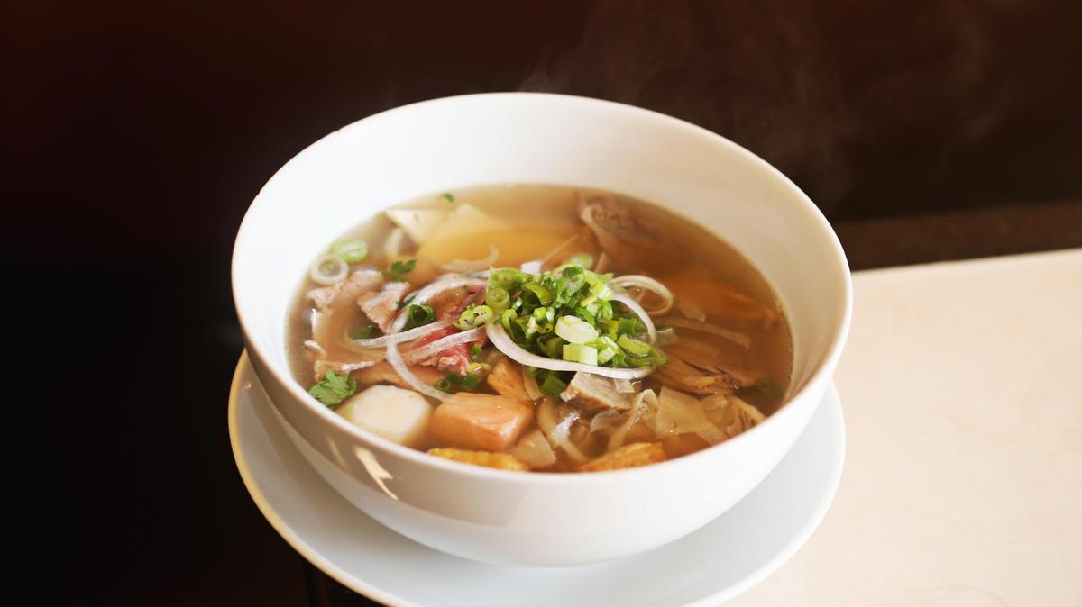 Pho is unquestionably the star of the menu at Pho Happiness in Chapel Hill. The “Bowl of Happiness” is a protein potpourri of beef, chicken and seafood.