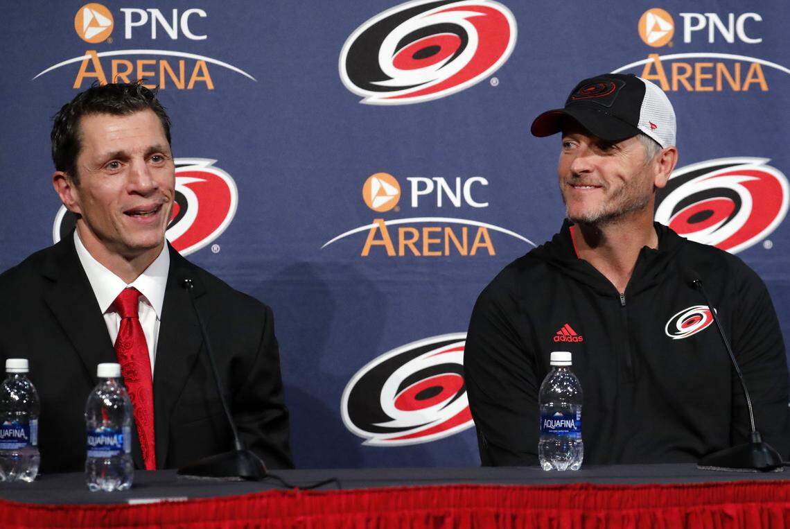 The Carolina Hurricanes owner Tom Dundon, right, believes head coach Rod Brind’Amour has the team prepared for a new season.