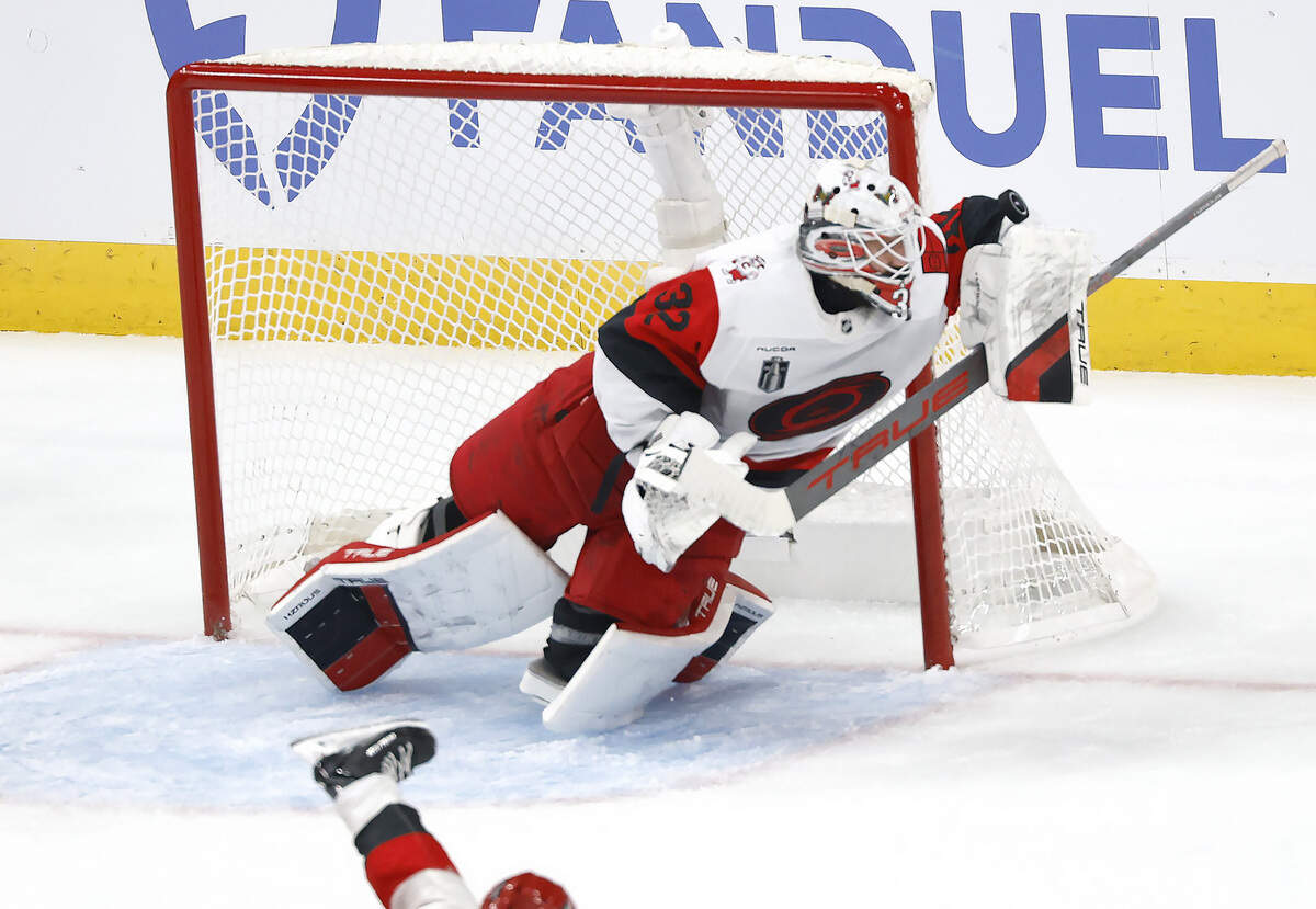 Carolina's Brandon Bussi (32) makes the save during the first period of the Hurricanes’ game against the Golden Knights in Game 6 of the Stanley Cup Final at T-Mobile Arena in Las Vegas, Nev., Sunday, June 14, 2026.