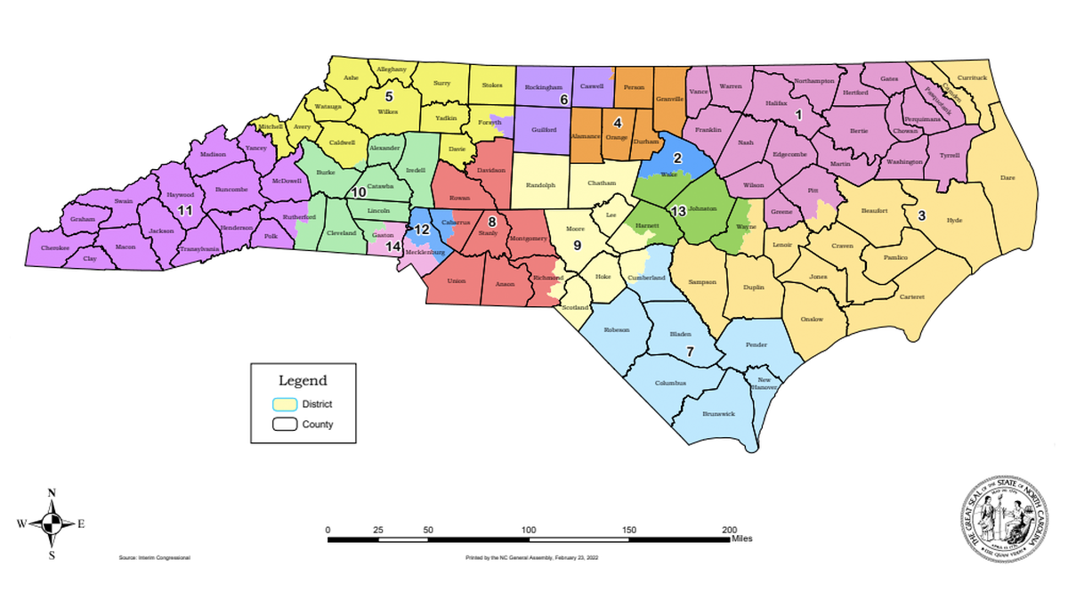 The congressional map to be used in the 2022 U.S. House elections in North Carolina in 2022. A three-judge panel enacted the map on Feb. 23, 2022.