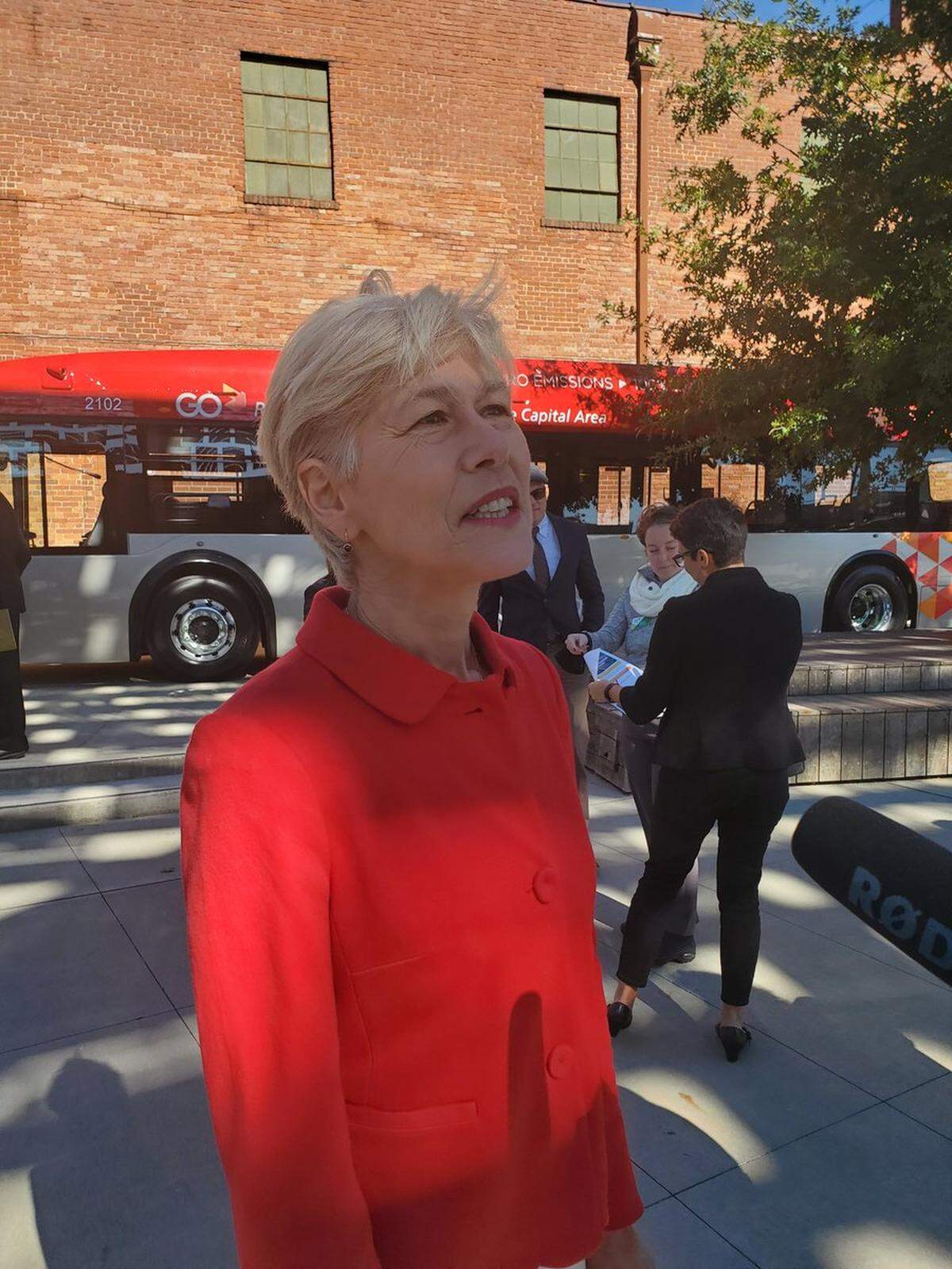 U.S. Rep. Deborah Ross talks to reporters at Union Station in downtown Raleigh.