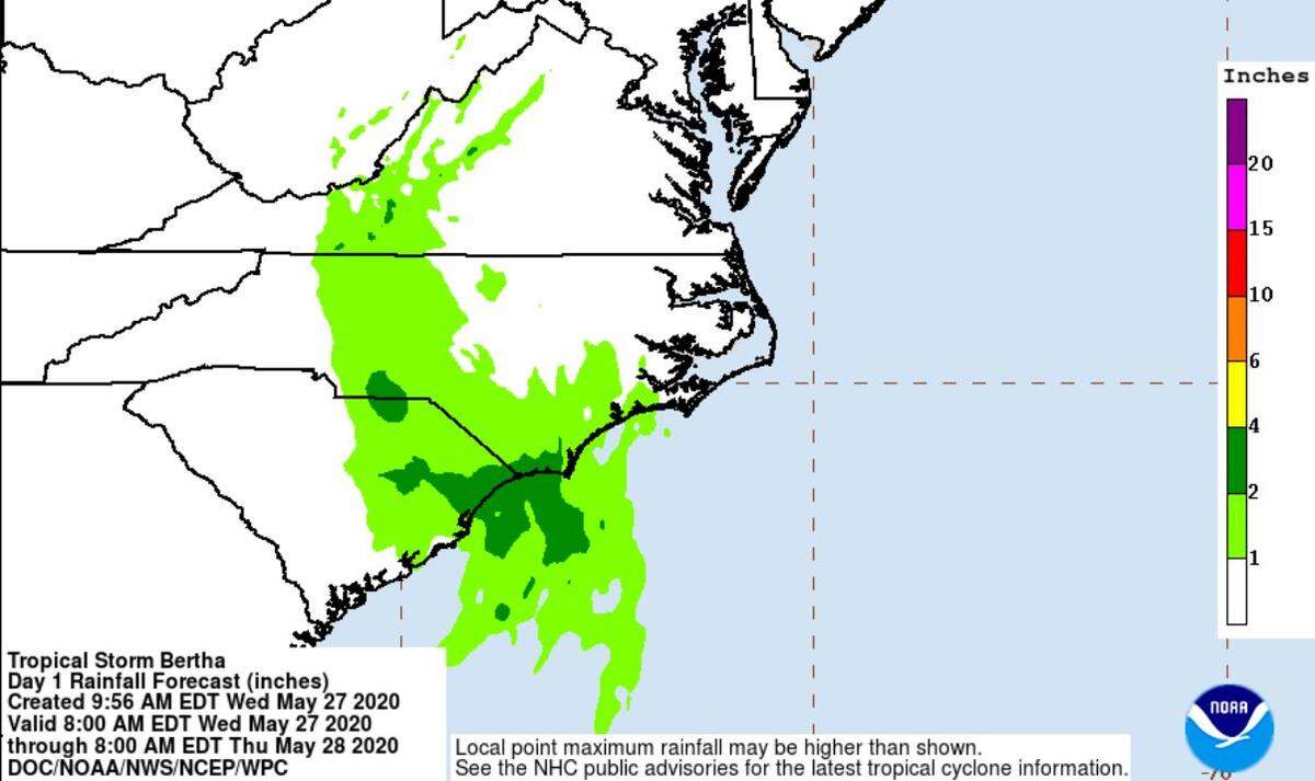 Tropical Storm Bertha is expected to bring several inches of rain in South Carolina and into North Carolina.
